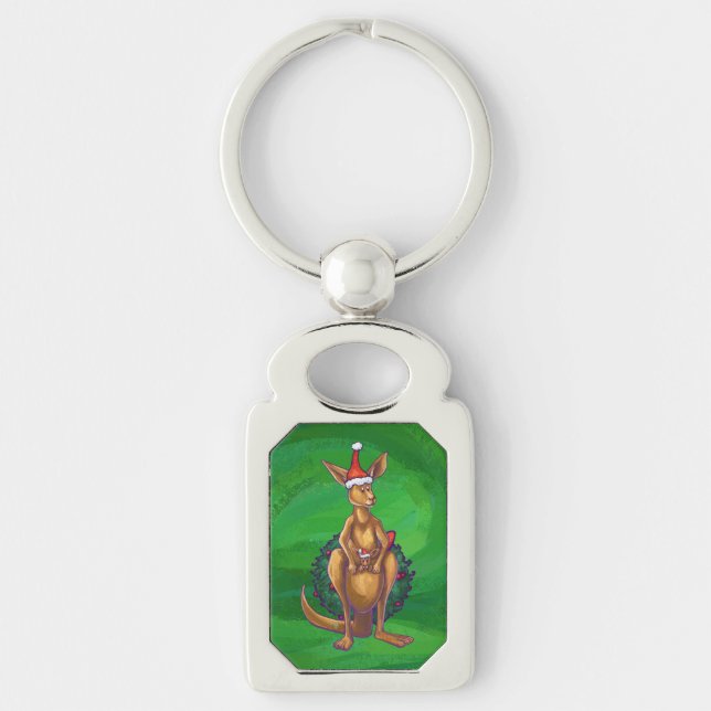 Kangaroo Christmas on Painted Green Back Key Ring (Front)