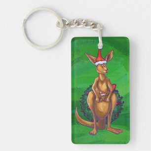 Kangaroo Christmas on Painted Green Back Key Ring