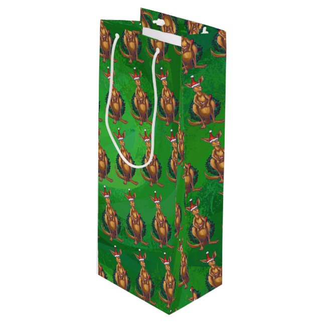 Kangaroo Christmas on Painted Green Back Wine Gift Bag (Front Angled)