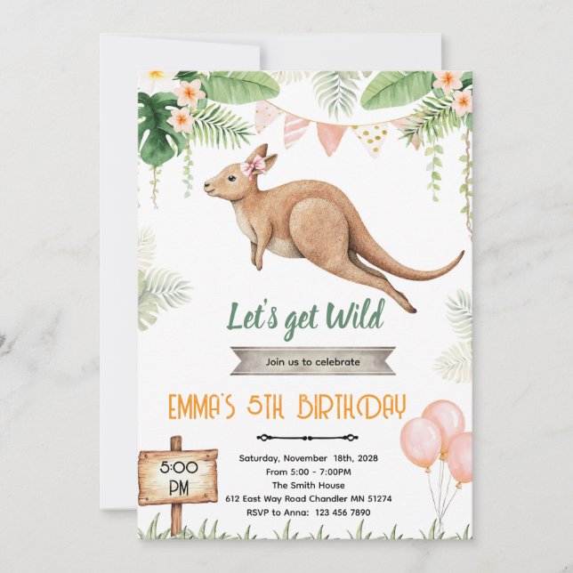 Kangaroo girl birthday invitation (Front)