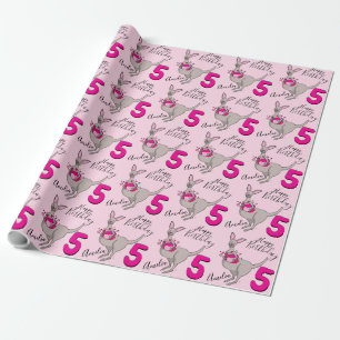 Kangaroo girls 5th birthday name pink wrapping paper