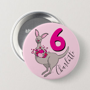 Kangaroo girls 6th birthday name pink button