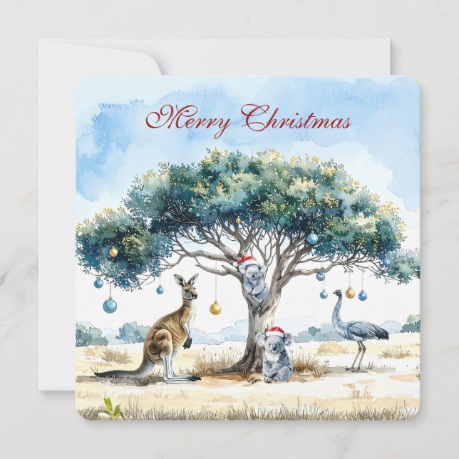 Kangaroo Koalas Emu Christmas Gumtree Baubles Holiday Card (Front)