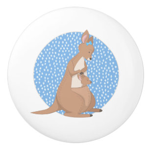 Kangaroo Mummy and Baby Joey on Blue Pattern Ceramic Knob