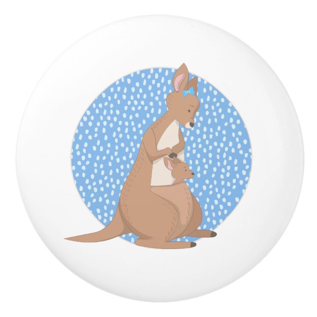 Kangaroo Mummy and Baby Joey on Blue Pattern Ceramic Knob (Front)
