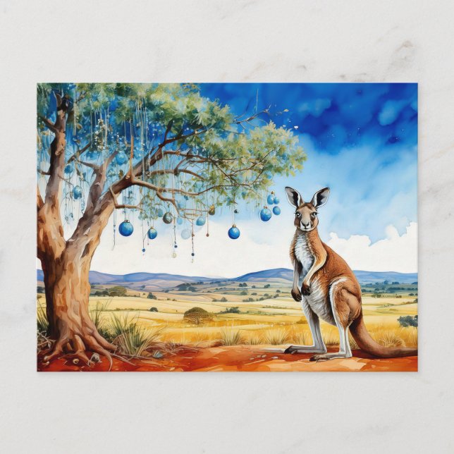 Kangaroo under gumtree with Christmas baubles Holiday Postcard (Front)