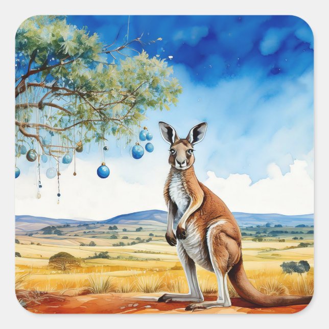 Kangaroo under gumtree with Christmas baubles Square Sticker (Front)