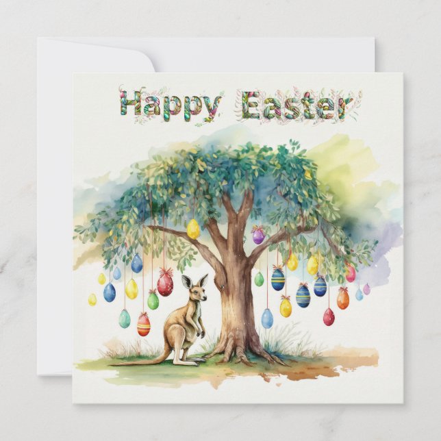 Kangaroo under gumtree with Easter eggs Holiday Card (Front)