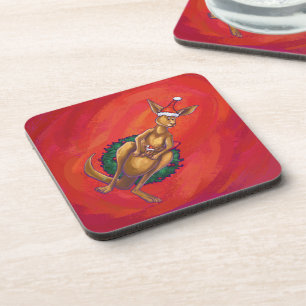 Kangaroo Xmas On Red Coaster