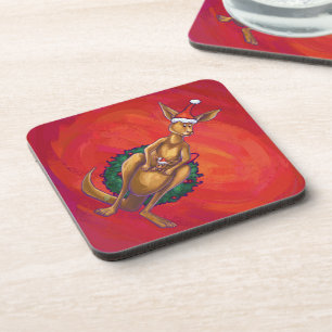 Kangaroo Xmas On Red Coaster