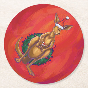 Kangaroo Xmas On Red Round Paper Coaster