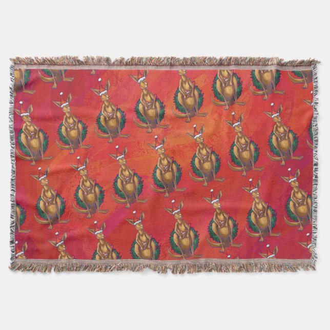 Kangaroo Xmas On Red Throw Blanket (Front)
