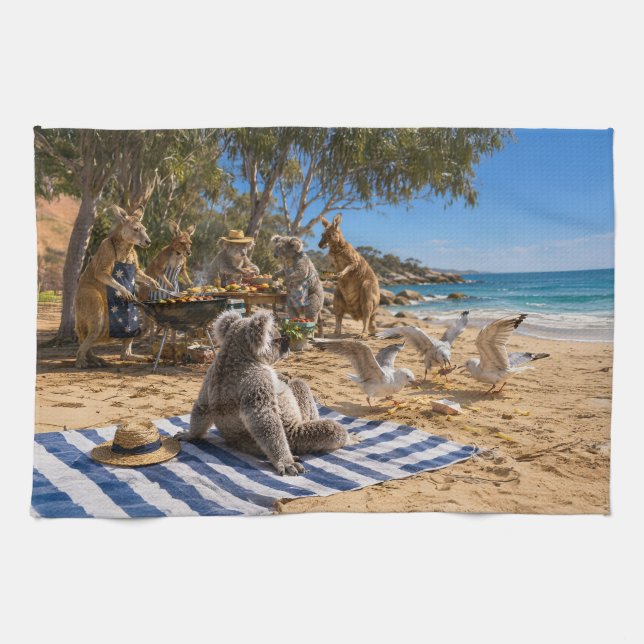 Kangaroos and Koalas Beach BBQ Tea Towel (Horizontal)