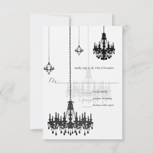 Kanji for Love 7 Black Chandeliers Wedding RSVP Card (Front)