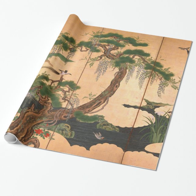 Kano Eino Birds and Flowers of Spring and Summer Wrapping Paper (Unrolled)