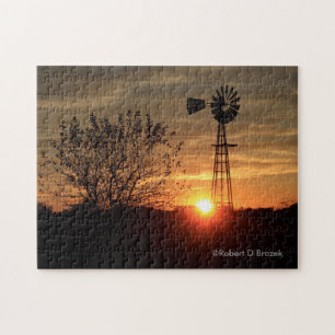 Kansas Golden Sky with Windmill Silhouette Puzzle