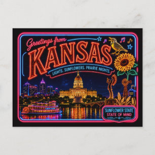 Kansas Neon State Retro Vintage Postcard