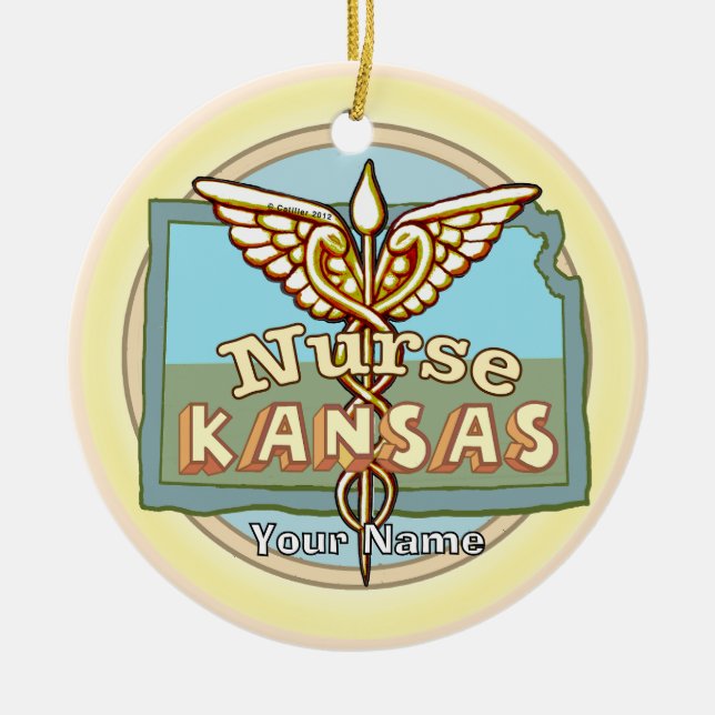 Kansas Nurse Caduceus Ceramic Tree Decoration (Front)