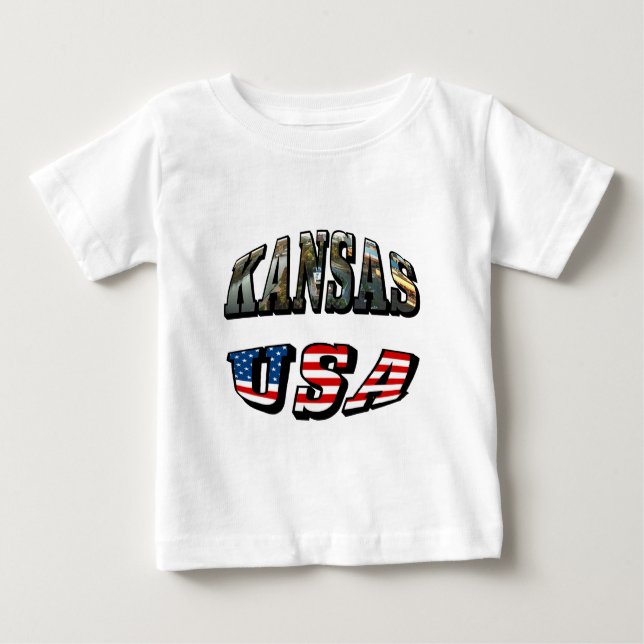 Kansas Picture and USA Flag Font Baby T-Shirt (Front)