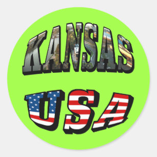 Kansas Picture and USA Flag Font Classic Round Sticker