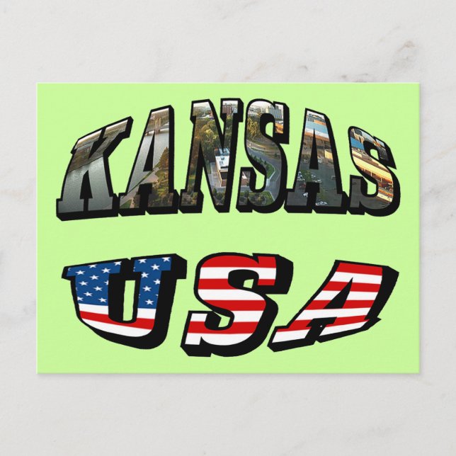 Kansas Picture and USA Flag Font Postcard (Front)