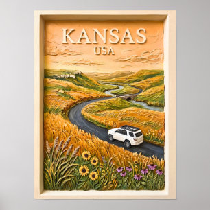 Kansas Prairie Road Trip Vintage Travel Landscape Poster