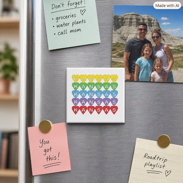 Kansas Pride Colourful State Pride Heart Design Magnet (A magnet with rainbow hearts that spell Kansas.)