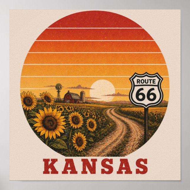Kansas Route 66 Sunflower Sunset Poster (Front)