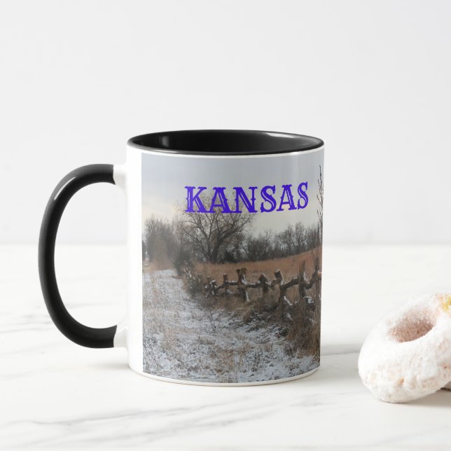 Kansas Snowy Fence Landscape Coffee Mug (With Donut)