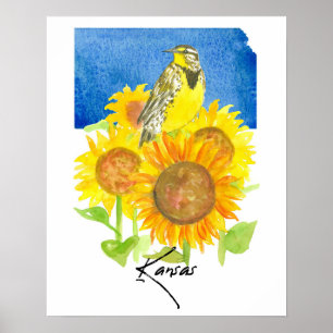 Kansas State Shape Meadowlark Sunflowers  Poster