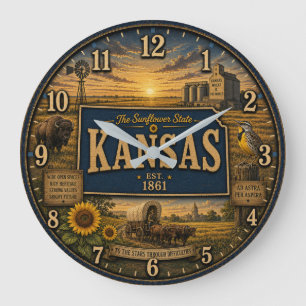 Kansas State Sunflower State Rustic Farmhouse Large Clock