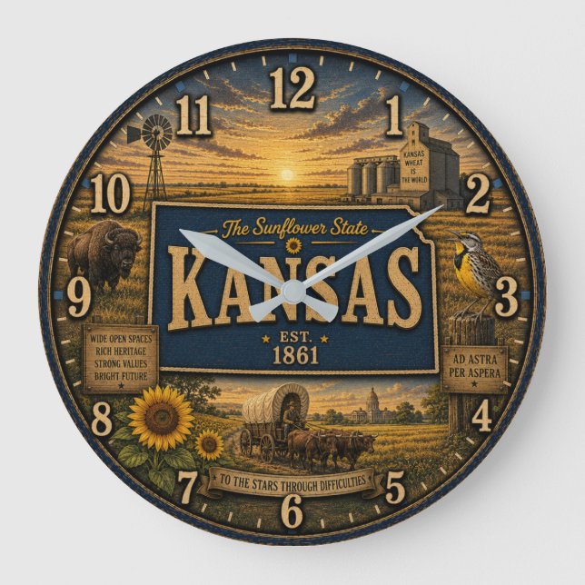 Kansas State Sunflower State Rustic Farmhouse  Large Clock (Front)