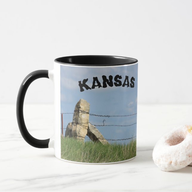 Kansas Stone Post fence with Sky Coffee Mug/Cup Mug (With Donut)