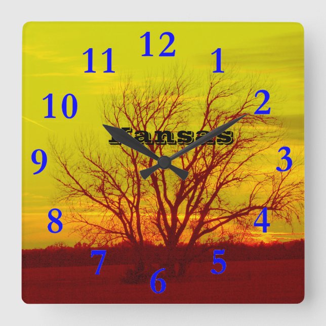 KANSAS Sunset Silhouette Square Wall Clock (Front)