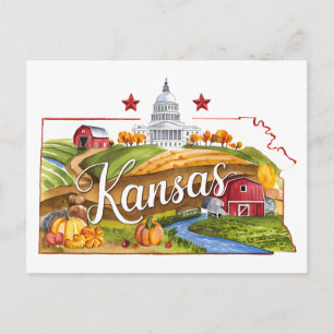 Kansas USA State Shaped Vintage Watercolor Postcard