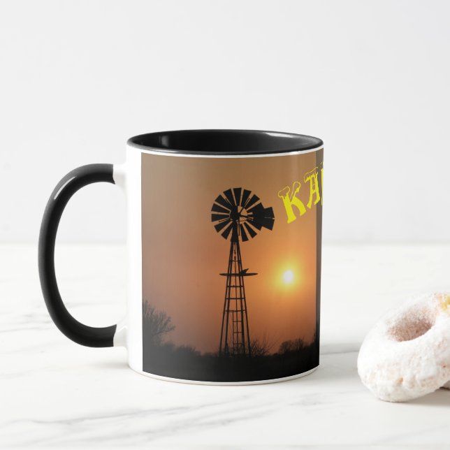 Kansas Windmill Silhouette Smoky Sky Coffee Mug (With Donut)