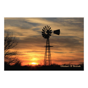 Kansas Windmill Silhouette Sunset Photo Poster. Print