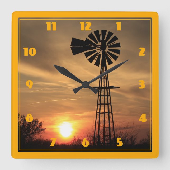 Kansas Windmill Silhouette Sunset Square Wall Clock (Front)