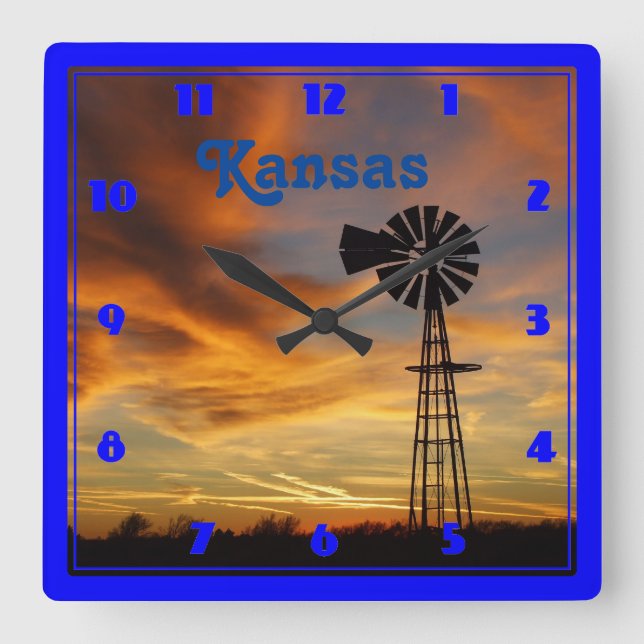 Kansas Windmill Silhouette Sunset Square Wall Clock (Front)