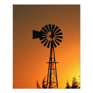 Kansas Windmill Silhouette Sunset with clouds Phot Photo Print