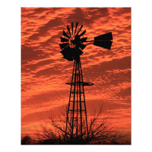 Kansas Windmill Silhouette Sunset with clouds Phot Photo Print