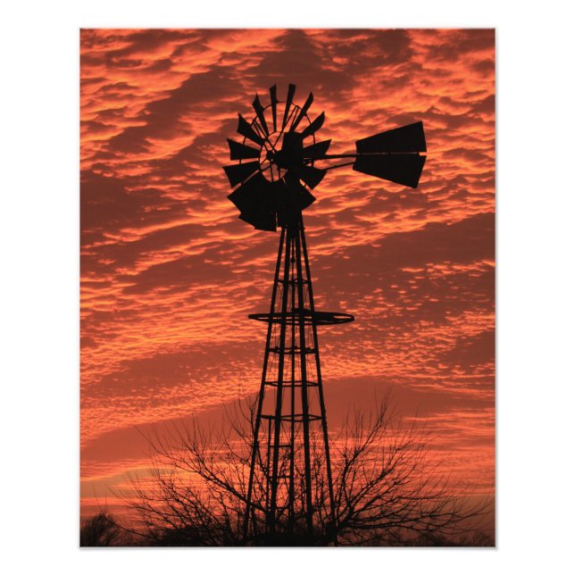 Kansas Windmill Silhouette Sunset with clouds Phot Photo Print (Front)