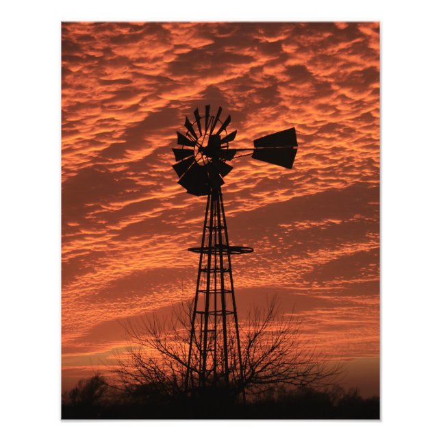 Kansas Windmill Silhouette Sunset with clouds Phot Photo Print (Front)