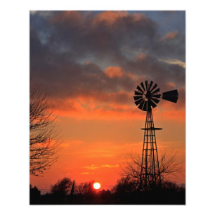 Kansas Windmill Silhouette Sunset with clouds Photo Print