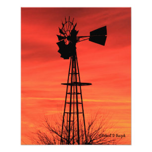 Kansas Windmill Silhouette Sunset with clouds Photo Print