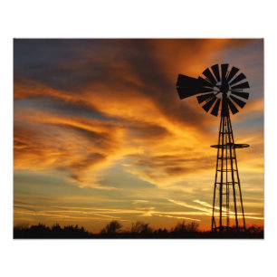 Kansas Windmill Sunset,  Clouds  Photo Enlargement Print