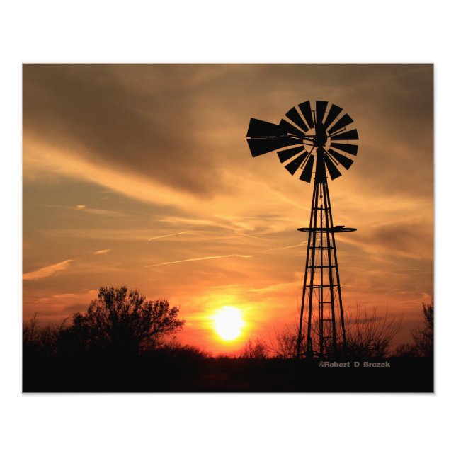 Kansas Windmill Sunset,  Clouds  Photo Enlargement Print (Front)