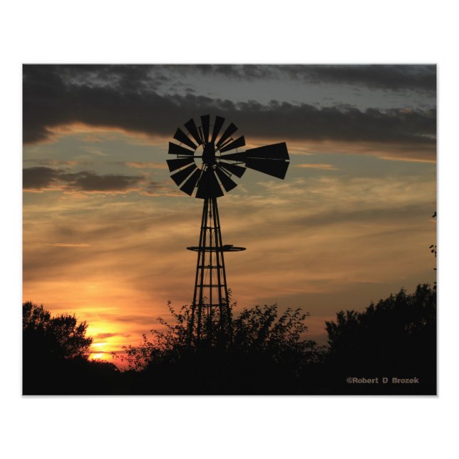 Kansas Windmill Sunset,  Clouds  Photo Enlargement Print (Front)