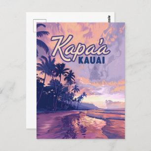 Kapaa Kauai Hawaii Beach Sunset Palm Tree Retro Postcard