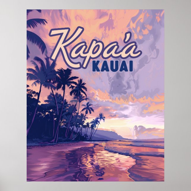 Kapaa Kauai Hawaii Beach Sunset Palm Tree Retro Poster (Front)